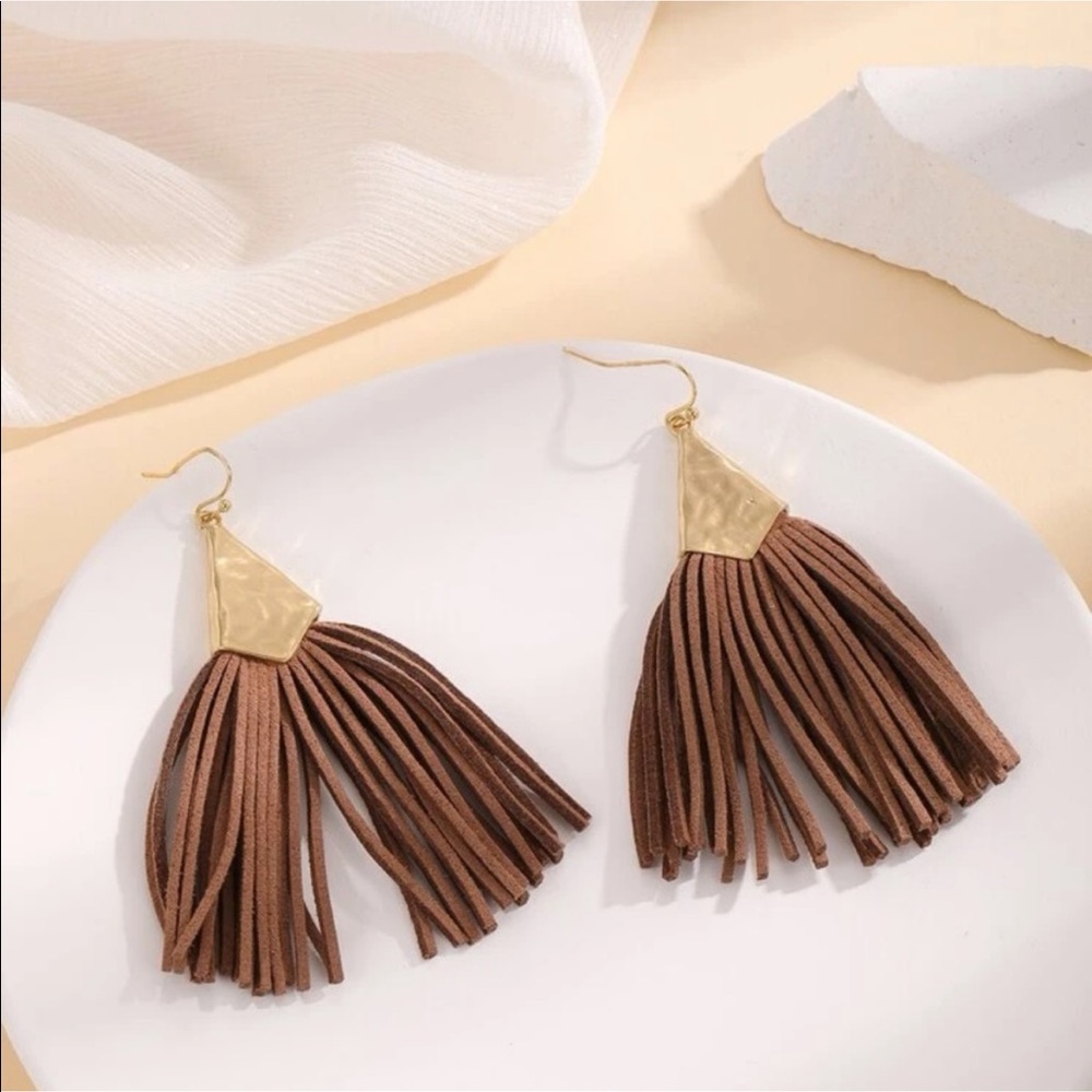 Leather Brown & Gold Tassel Earrings